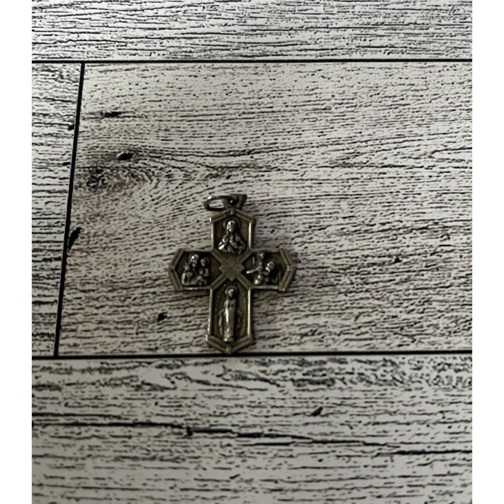 Vintage Silver Medal 4 Way Cross Multi Saint Cross Pendant 1" Made in Italy